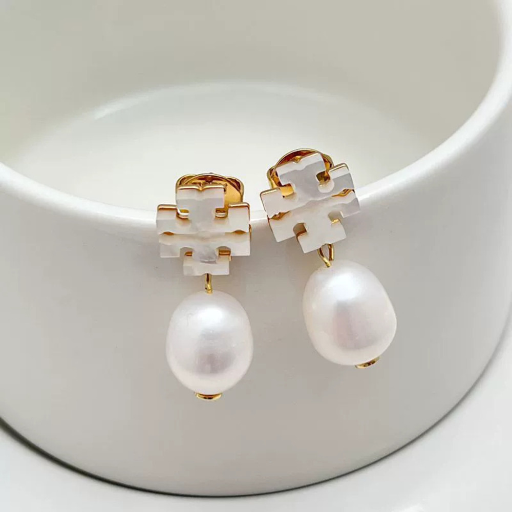 Tory Burch Natural Freshwater Pearl White Shell Drop Earrings Letter Style